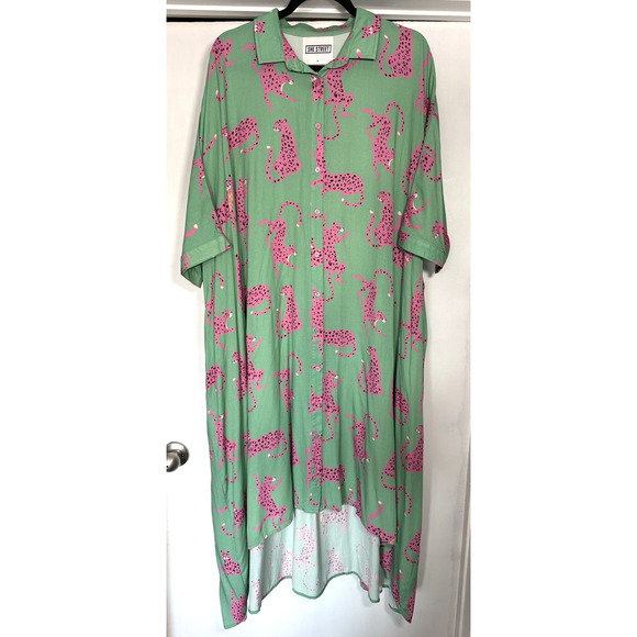 She Street Dresses & Skirts - She Street Pink Leopard Tea Length Green Shirt Dress One Size Fits Most